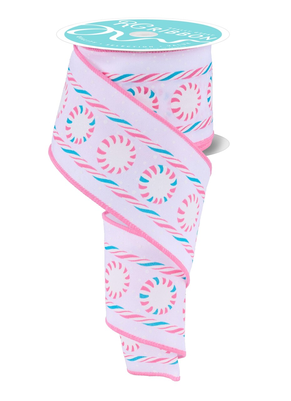 RG Ribbon: 2.5" Peppermints and Candy Ribbon Stripes Wired Ribbon - 10 Yards - White, Pink, Light Blue - For Bows, Wreaths, Crafts and Christmas Decorations, Satin